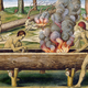 An illustration of two people crafting a dugout canoe with fire.